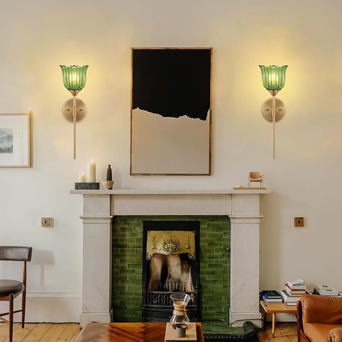 Gold Wall Sconce Set of 2 with Green Glass Shades Modern Mid Century Bathroom Vanity Wall Light Fixtures Industrial Brushed Brass Wall Lamp for Bedroom Mirror Living Room Restaurant