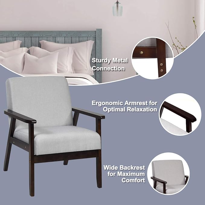 Giantex Mid-Century Modern Accent Chair, Retro Fabric Armchair, Solid Hardwood Made, Upholstered Linen Lounge Arm Chair for Living Room (1, Light Grey)