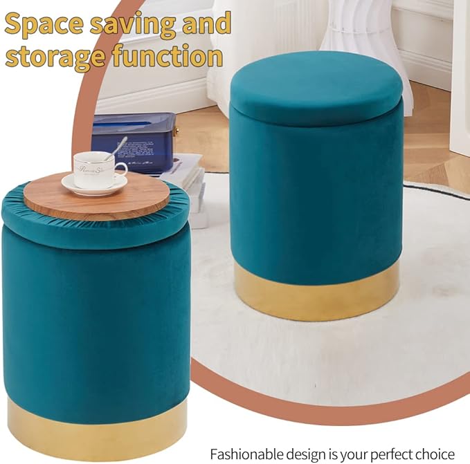 Mxfurhawa Velvet Storage Ottoman Multipurpose Footrest Stool with Metal Base Modern Round Vanity Stool Chair Ottoman Foot Stools Support 300 lbs Padded Seat for Living Room (Blue Green)