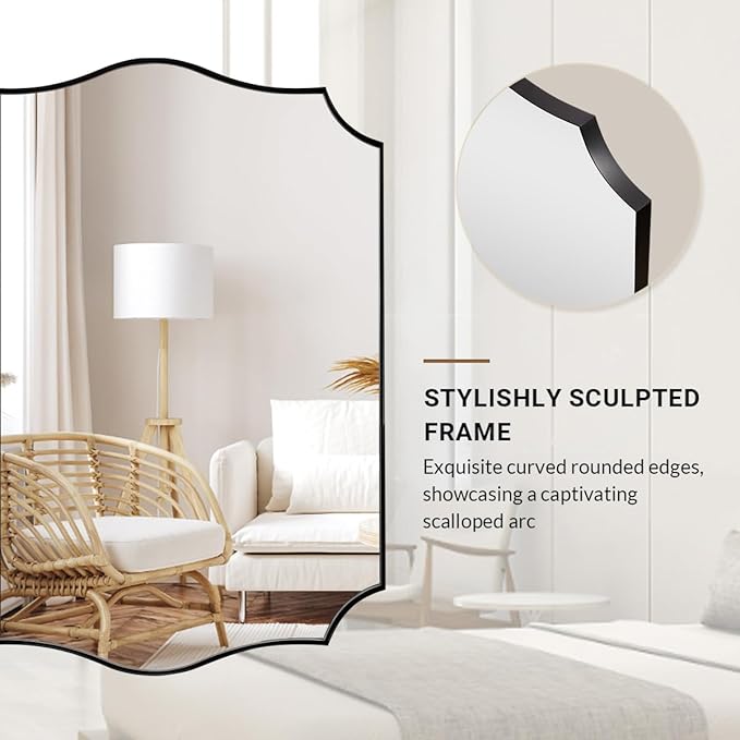 ANDY STAR Rectangle Mirror 24x40 Inch, Matte Black Scalloped Bathroom Mirror, Unique Rectangle Mirror for Bathroom, Powder Room, Entryway (Vertical or Horizontal)