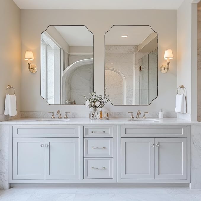 ANDY STAR 26x38 Inch Mirror for Bathroom, Brushed Nickel Scalloped Rectangle Mirror, Silver Bathroom Vanity Mirror in Rust-Proof Stainless Steel 1" Frame, Modern Scalloped Edge Design