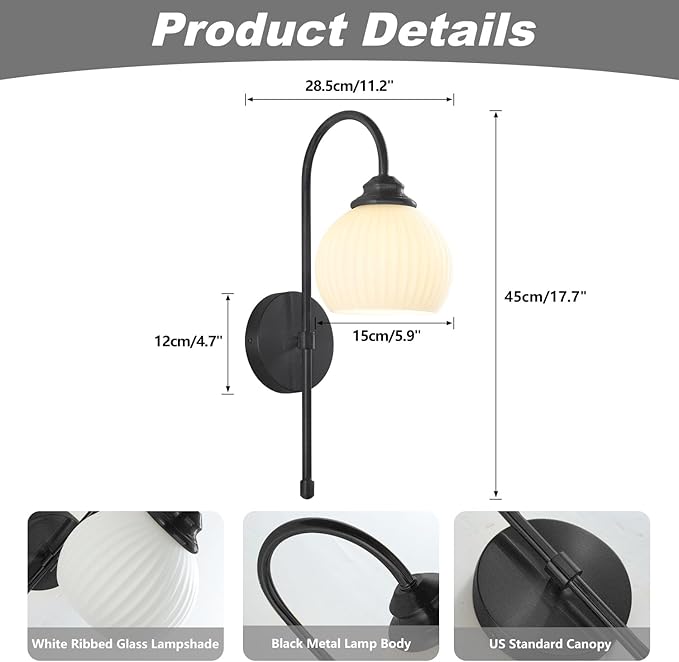 KCO Lighting Vintage Milk Glass Wall Sconce Industrial Black Globe Wall Sconce Set of 2 Mid Century Bathroom Vanity Light Frosted Glass Modern Sconces Wall Lighting