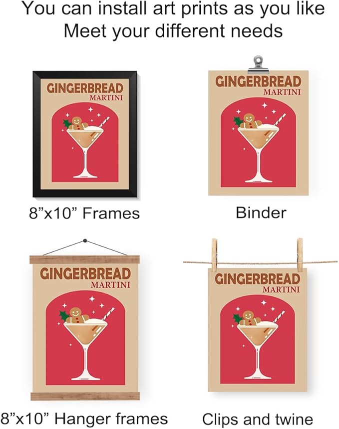 Wheatwin Retro Cocktail Christmas Wall Art Prints Set of 4, Funny Gingerbread Alcoho Wine Glass Print Cute Preppy Posters Aesthetic, Dorm Decor, Bar Party Kitchen Decor, 8x10 (Unframed)