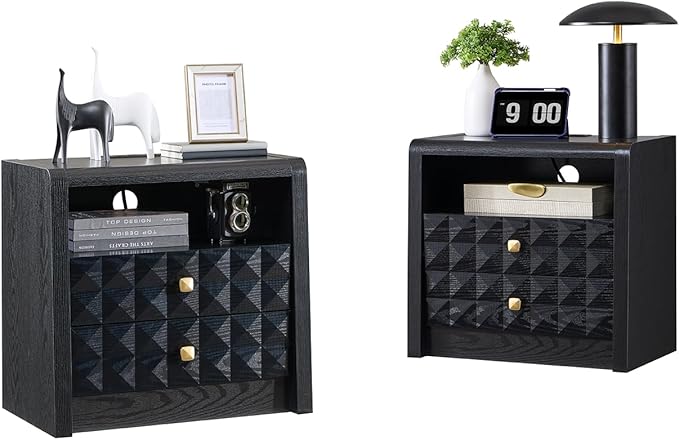 Modern Night Stand Set 2, 23.62" Wide Wood Side Table w/2 Storage Drawers &Open Shelf &Charging Station, Mid Century Modern Bedside w/Diamond Panel Decorate for Bedroom, Curved Profile Design, Black