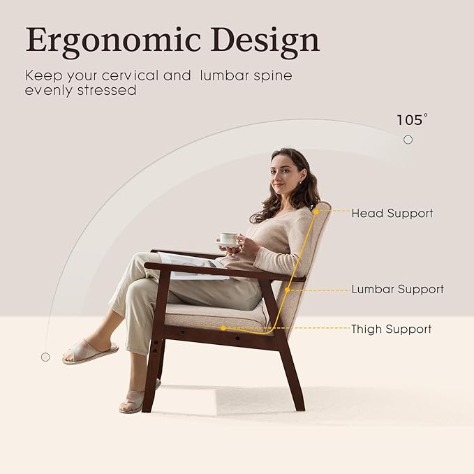 Bonzy Home Fabric Mid-Century Modern Accent Chair Set of 2, Upholstered Armchair with Solid Wood Frame, Reading Chair for Living Room, Bedroom