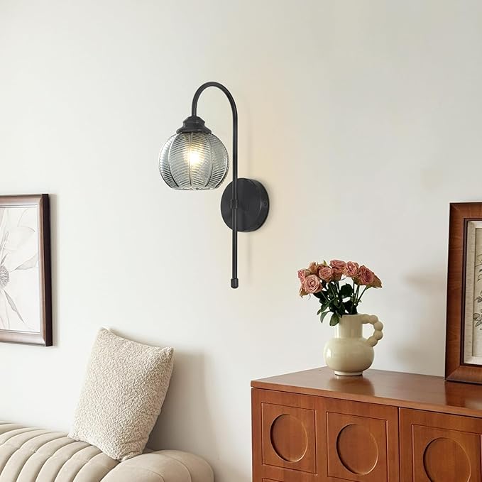 KCO Lighting Smoked Glass Wall Light Large Black Globe Wall Sconce Mid Century Modern Bathroom Vanity Light Fixture Black Long Wall Sconce Farmhouse Hardwire Wall Sconce