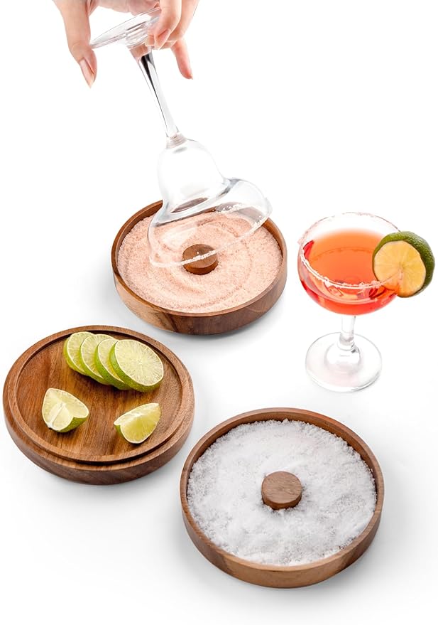Nucookery 3-Tier Wood Bar Glass Rimmer, 5.6" Margarita Salt Rimmer Set, Sugar and Salt Rimmer Tray for Juice Cocktails, Bartender Bar Party Tool, Drinks Bar Accessories Box for Home Bar (Acacia Wood)