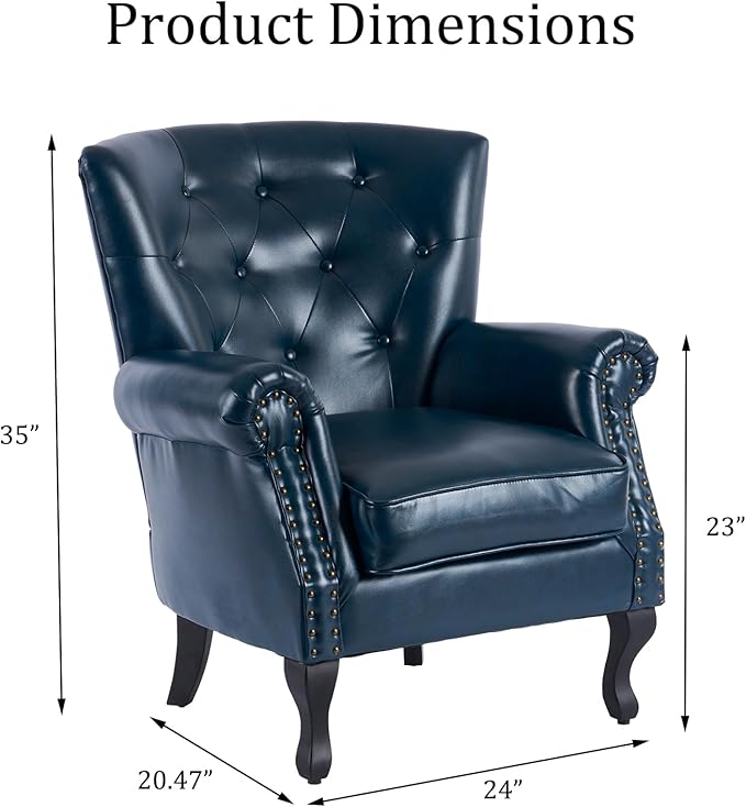 Modern Faux Leather Accent Chair, Upholstered Mid-Century Armchair with Solid Wood Legs, Single Sofa Chair for Living Room, Bedroom, or Reading Room(Navy)