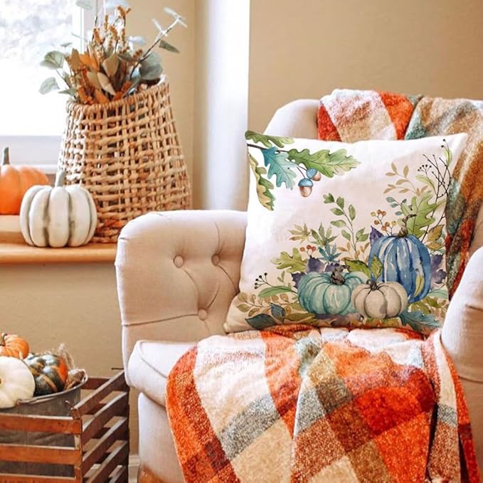DFXSZ Fall Pillow Covers 18x18 inch Set of 2 Blue Green Pumpkin Fallen Leaves Decorative Outdoor Throw PillowCovers Autumn Thanksgiving Farmhouse Decoration for Home Couch TH27-M18