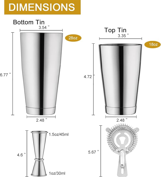 WOTOR Boston Cocktail Shaker Set, 18 oz & 28 oz Stainless Steel Weighted Shaker Tins, Strainer, Double Measuring Jigger, Professional Bar Tools for Bartender (Silver)