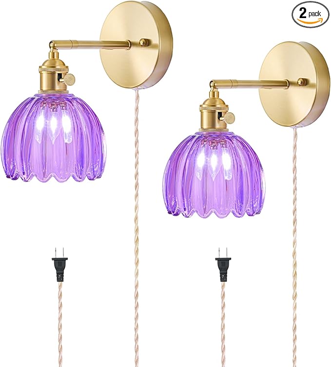 Plug in Wall Sconces Set of 2, Vintage Wall Sconce Light with Tulip Purple Glass Lampshade, 180° Adjustable Wall Sconce with Switch and Plug in wall lamp Cord, Gold Wall Light Wall Decor Set of 2