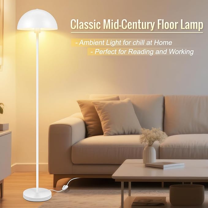 Floor Lamp for Bedroom Modern, Lamp with Mushroom Lampshade, 65.5" Tall Floor Lamp, E26 Base, Footswitch, ETL Listed, Industrial Standing Lamps for Living Room Nursery, Mid Century Home Decor, White