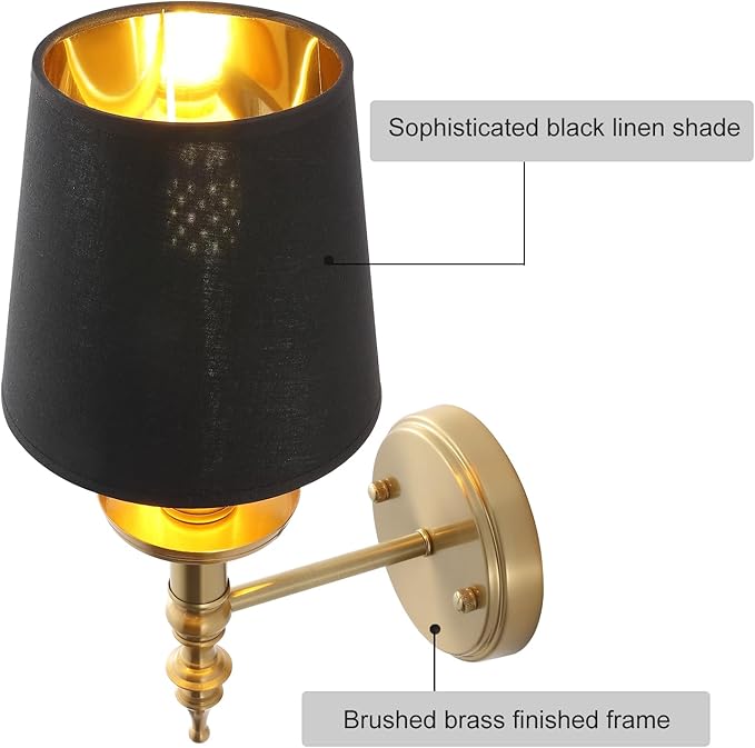 Modern Wall Sconce Industrial Mid Century Bathroom Vanity Wall Light Brushed Brass Finished Frame and Black Linen Shade Wall Mount Lights for Living Room Bedroom Stairs Corridor Mirror