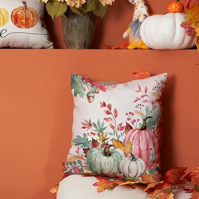 DFXSZ Fall Pillow Covers 18x18 inch Set of 2 Pink Green Pumpkin Fallen Leaves Decorative Outdoor Throw PillowCovers Autumn Thanksgiving Farmhouse Decoration for Home Couch TH27-J18