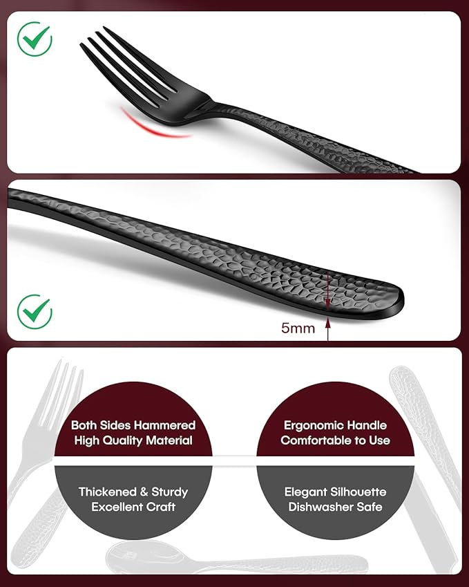 Hammered Black Silverware Set, EUIRIO 40-Piece Flatware Set for 8, Heavy Duty Stainless Steel Cutlery Set, Food-Grade Utensil Sets Includes Spoons Forks and Knives, Mirror Finish Dishwasher Safe