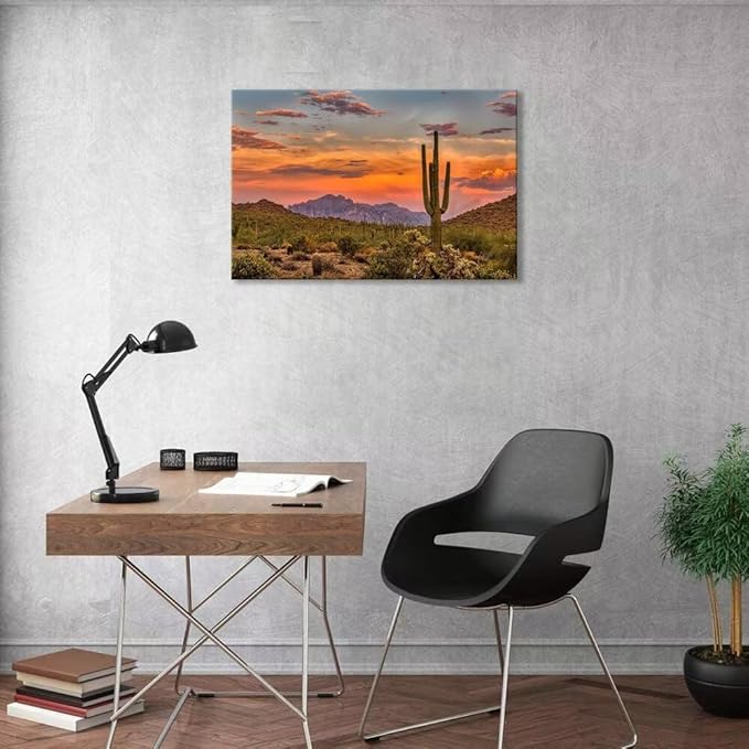 Sunset in the Sonoran Desert Wall Art for Living Room Bedroom Bathroom Home Decorations Cactus Picture Poster Canvas Prints Desert Artwork Framed Ready to Hang(18''H x 24''W)