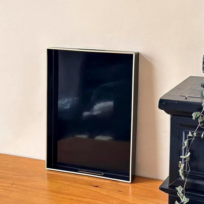 Black Sturdy Acrylic Serving Tray with Handles-15.7x11.8Inch, Morden Plastic Rectangular Serving Tray for Coffee Table Bathroom, Ottoman, Home Decor