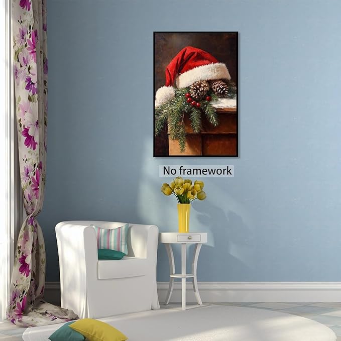 Vintage christmas wall art santa hat painting pine cone winter cottagecore canvas poster for christmas home decor bedroom living room Unframed8x12inch
