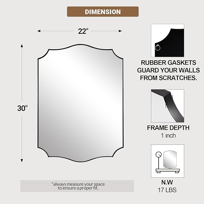 ANDY STAR Black Bathroom Vanity Mirror, 22x30 Irregular Wall Mirror, Scalloped Wall Mirror in Stainless Steel Metal Frame, Asymmetrical Mirror for Bathroom, Bedroom, Living Room, Mantel