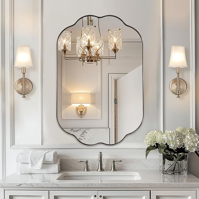 ANDY STAR Scalloped Bathroom Mirror, 24x36 Inch Brushed Nickel Vanity Mirror in Stainless Steel Metal Frame, Unique Oval Mirror with Modern Curved Edge Design, Ideal for Bathroom, Bedroom, Entryway