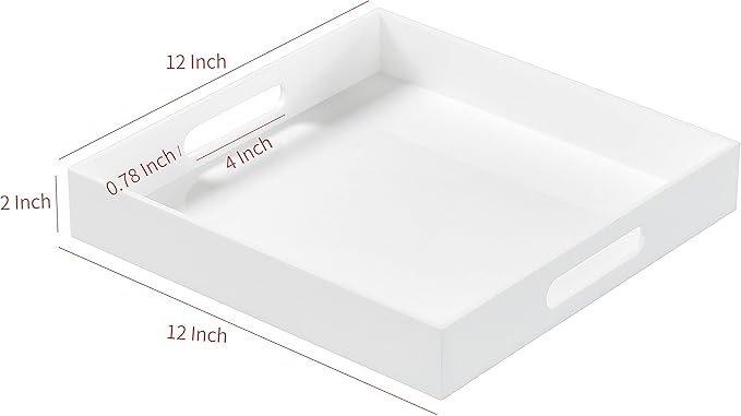 Glossy White Acrylic Serving Tray with Handles-Butler Trays for Coffee Table, Snacks,Breakfast in Bed, Kitchen Countertop,Vanity,Makeup Organizer,Ottoman (White, 12x12 Inches)