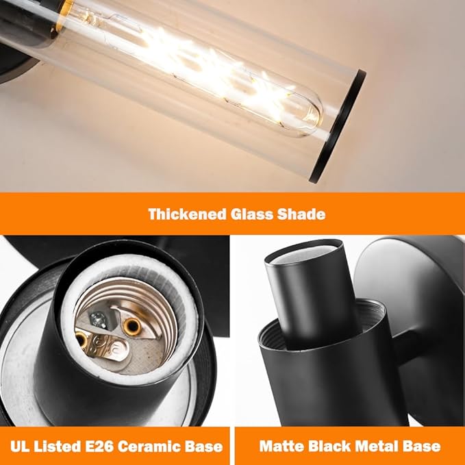 Matte Black Bathroom Sconces Wall Lighting, 2 Light Hardwired Bathroom Vanity Light, Modern Wall Sconce set of Two, Wall Mounted Light for Mirror, Makeup Vanity, Washroom, Hallway (Bulbs Not Included)
