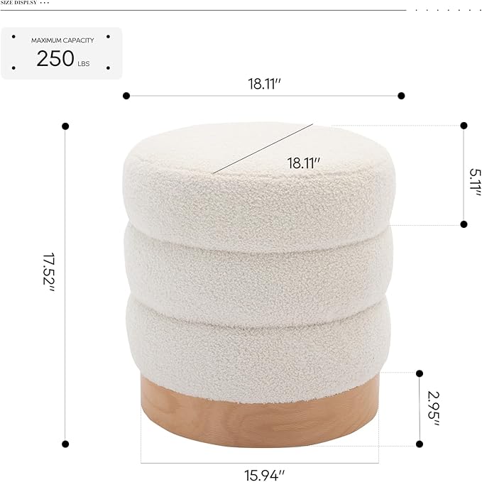 COLAMY Sherpa Ottoman Footstool, Tufted Modern Foot Rest Stool with Wood Base for Living Room, Bedroom, Desk, Round Versatile Side End Table, Pouf, Makeup Seat, Cream