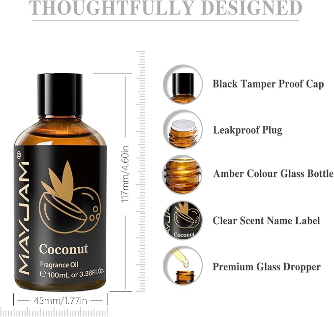 MAYJAM 100ML/3.38FL.OZ Coconut Fragrance Oils with Glass Dropper, Essential Oils for Diffusers for Home, Long Lasting Scented Oils for Diffusers Soap Candle Making