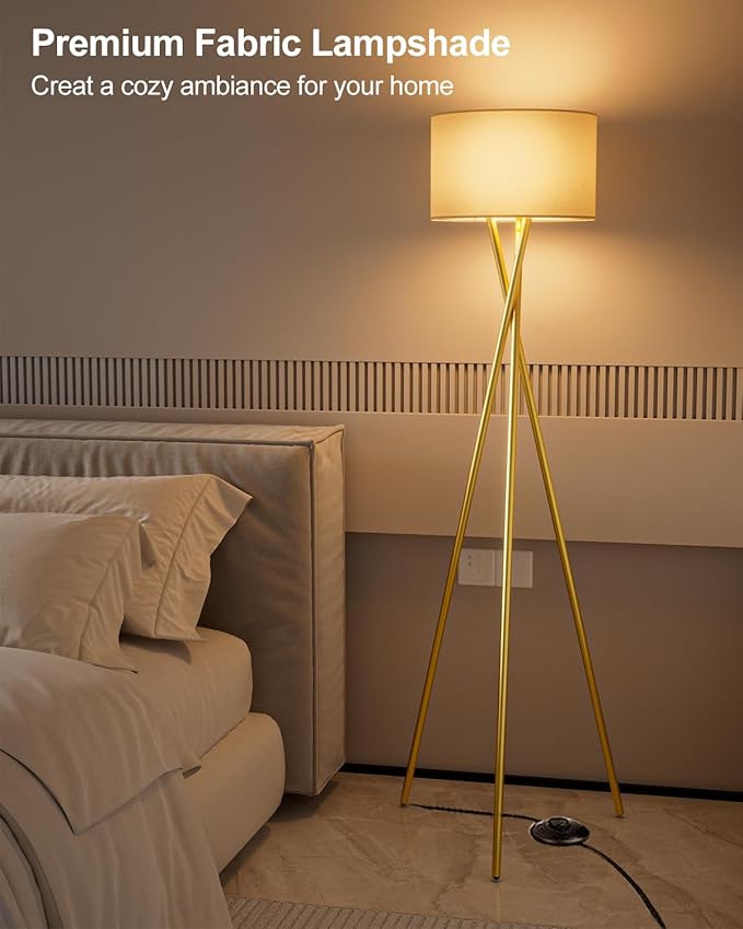 66IN Tripod Floor Lamp, Gold Standing Lamps with E26 Bulb Included, Mid Century Modern Tall Lamps for Living Room Bedroom Home Decor