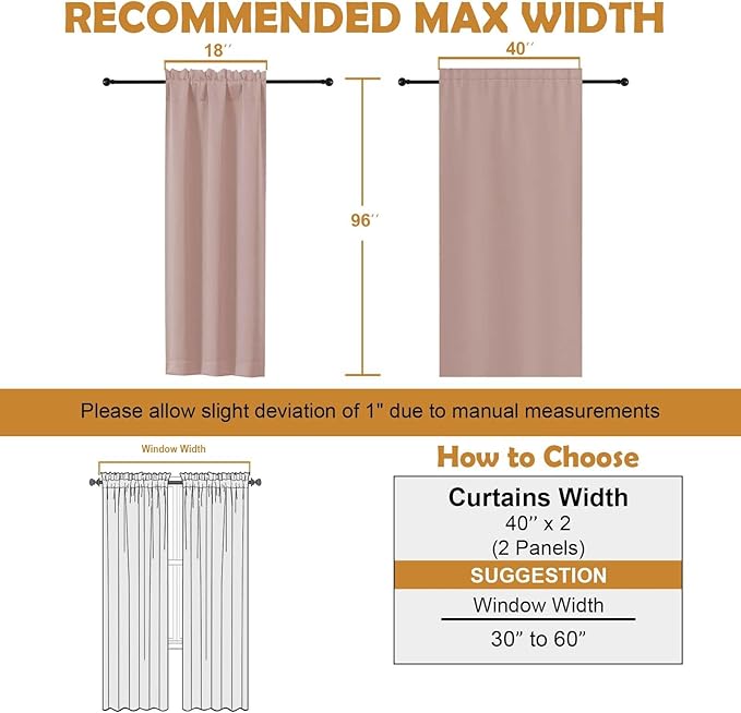 Aiyufeng Blush Blackout Curtains for Bedroom 96 Inches Long 2 Panels, Solid Thermal Insulated, Energy Saving Nursery Window Treatment Curtains Blackout Drapes, W40 x L96 Inch, Blush