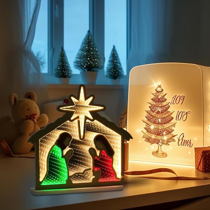MEETYAMOR Nativity Sets for Christmas Indoor, Nativity Scene Infinity Mirror Tunnel Light, Nativity Scene with Manger for Home Living Room Mantel Table Centerpiece Christmas Decorations