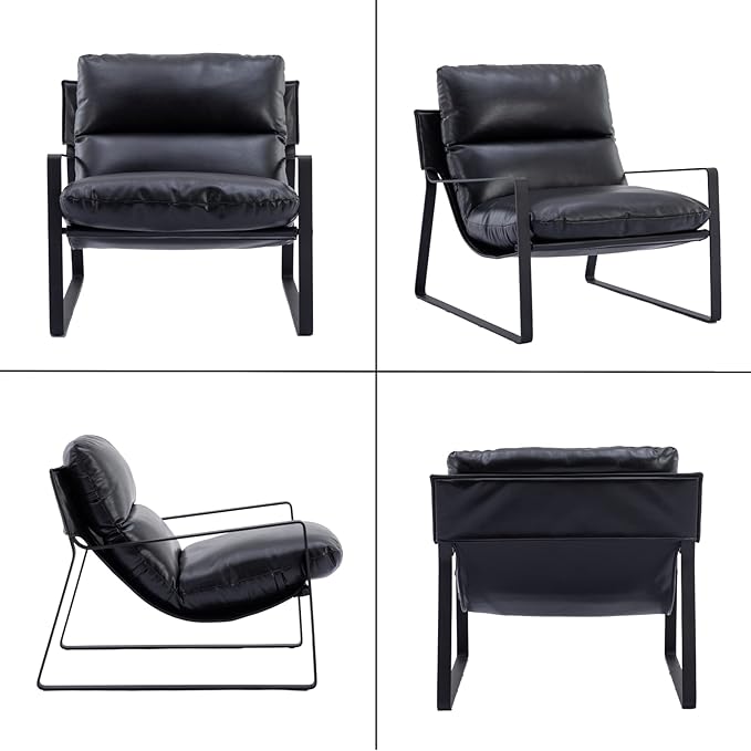 HEAH-YO Modern Accent Chairs Set of 2, PU Faux Leather Living Room Chairs with Removable Cushion and Solid Metal Frame, Comfy Reading Chairs for Bedroom, Black