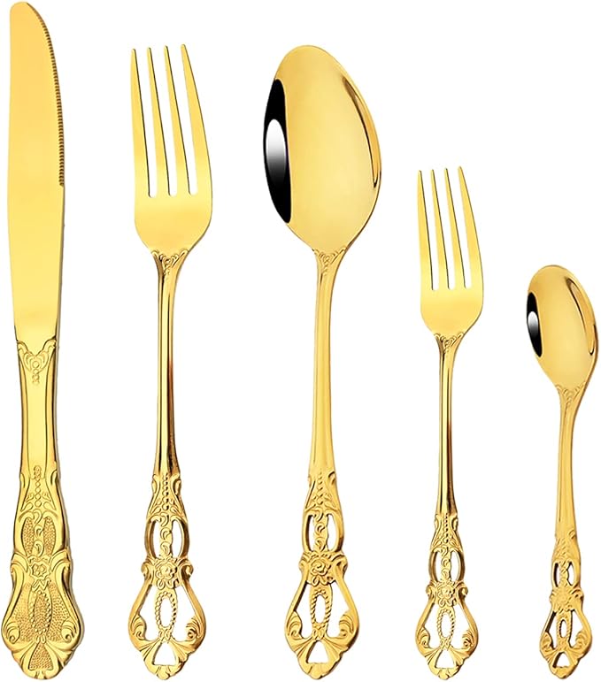 Elegant Gold Silverware Set with Steak Knives 30 Piece Flatware Sets for 6 Tableware Utensils, 18/10 Stainless Steel Cutlery Set Include Knifes Forks Spoons, Mirror Polished, Dishwasher Safe
