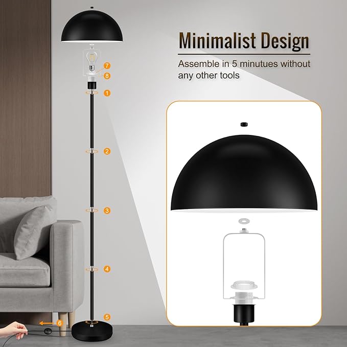 Floor Lamp for Bedroom Modern, Lamp with Mushroom Lampshade, 65.5" Tall Floor Lamp, E26 Base, Footswitch, ETL Listed, Industrial Standing Lamps for Living Room Nursery, Mid Century Home Decor, Black