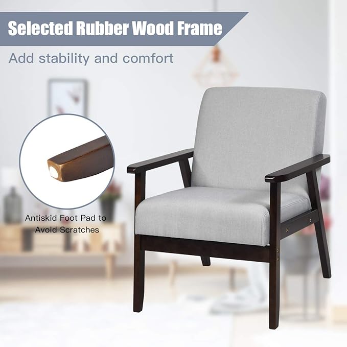 Giantex Mid-Century Modern Accent Chair, Retro Fabric Armchair, Solid Hardwood Made, Upholstered Linen Lounge Arm Chair for Living Room (1, Light Grey)