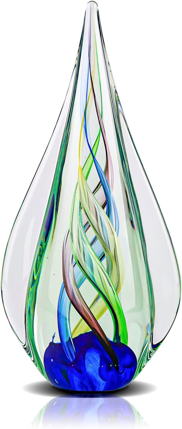 9" Tall Sculpture Hand Blown Glass Decor, Paperweight for Office Desk, Modern Glass Art Figurines Mediterranean Beach House Decor, Living Room Coffee Shelves Table Top Decoration (Aqua)