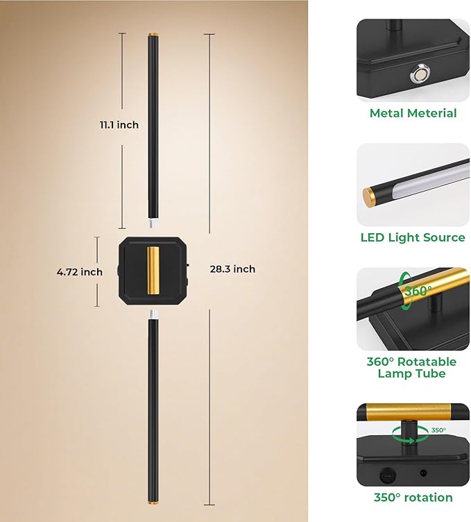 10000mAh Battery Operated Wall Sconce Detachable, Wireless Wall Lamp 3000-6500K Dimmable, Rechargeable Wall Light for Bedroom, Living Room, 28.3" Black Gold (4 Pack)