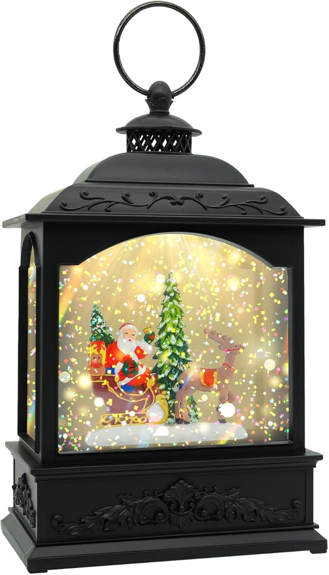 Christmas Snow Globe Lantern with Music & Timer, Santa LED Glitter Lantern, Battery Operated Christmas Globe Decoration, Fall Holiday Decor for Home
