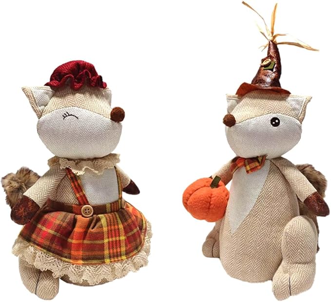 Fall Mantel Decor Thanksgiving Decoration Plushed Fox, 14" Sitting Fox, Table Foxes Animals Figurines, Couple Doll,Handmade Ornaments Autumn Fall Decorations for Home Mantel Fireplace (1set 2pcs)