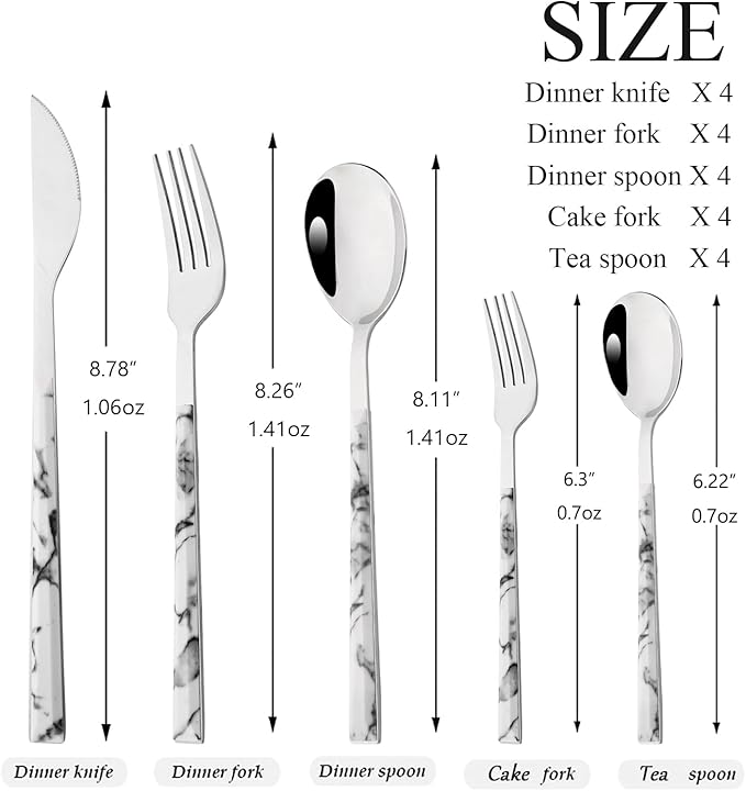 20 Piece (4 Set) Silver Stainless Steel Tableware With White Marble Handle, Wedding Cutlery And Daily Use, Silverware For Home Restaurant Party, Mirror Finished