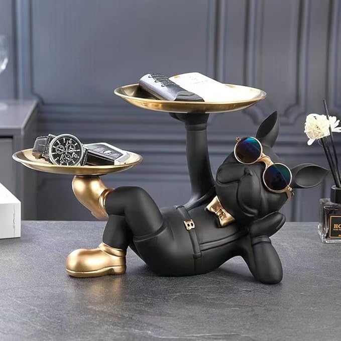 Cool Resin Dog Statue with 2 Trays and Cute Glasses Black French Bulldog Figurine Ornaments Animal Sculptures Home Decor Anniversary Thanksgiving Christmas Birthday Gifts