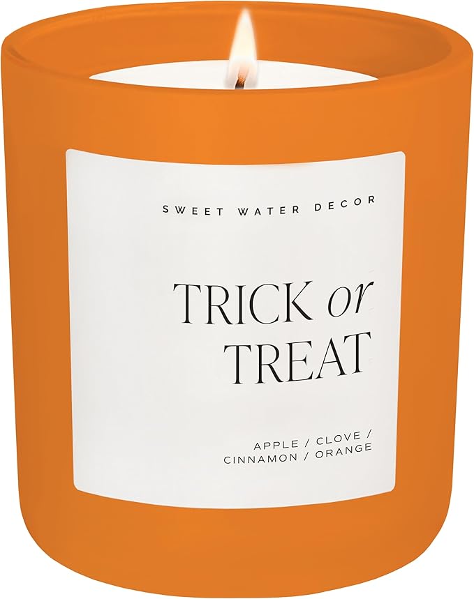 Sweet Water Decor Trick or Treat Candle, Large 15oz Jar, Scented with Pumpkin, Apple, Cinnamon & Vanilla, Non-Toxic Soy Wax Blend, Indoor Halloween Decorations for Home & Bathroom, 70+ Hour Burn