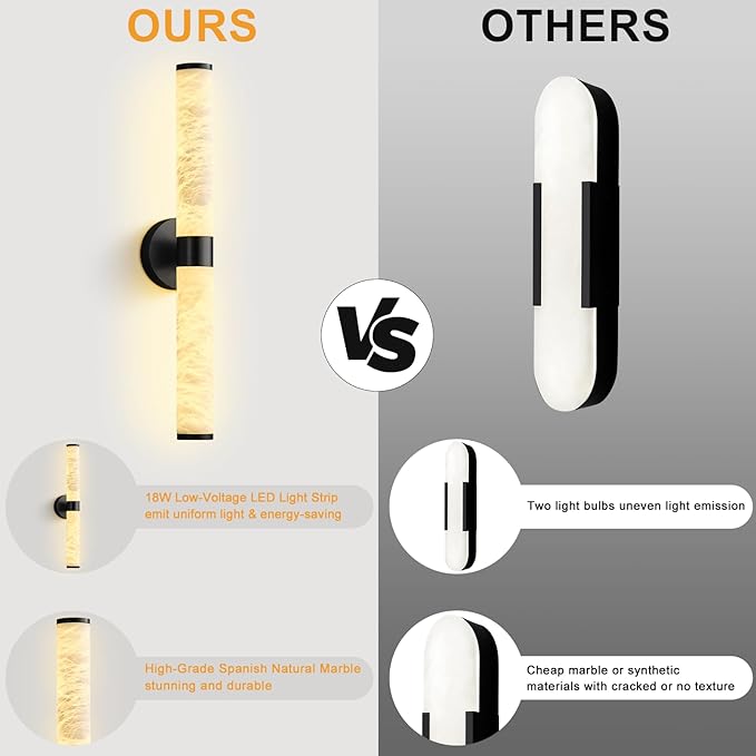 Alabaster Wall Sconce - 24" Black Wall Sconce Light, Modern Natural Spanish Marble Sconces Wall Lighting, Bathroom Vanity Sconces Wall Lights for Living Room, Bedroom, Hallway, Stairs, Matte Black