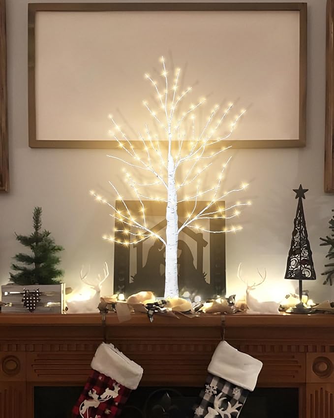 24 Inch Birch Tree with 144 LED Lights, Artificial Lighted Mini White Light Up Tree with Timer for Christmas Indoor Home Mantle Tabletop Centerpiece Decor