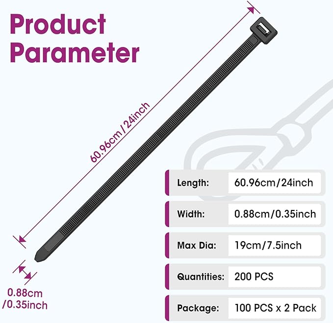 200 PCS Zip Ties 24 Inch Heavy Duty, Large Cable Ties 500lbs Tensile Strength, Black Zip Ties for Indoor and Outdoor Use, UV Resistant Wire Ties