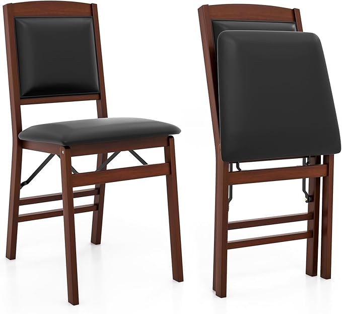 Giantex Folding Dining Chairs Set of 2, Foldable Wood Kitchen Chairs with Padded Seat, Solid Wood Frame, Max Load 400 Lbs, No Assembly Easy to Store Wooden Dining Chairs for Apartment, Small Space