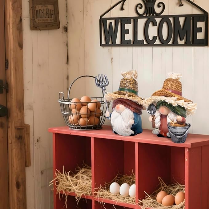 Hodao Fall Scarecrow Farm Gnomes - Couple Figurines with Straw Hats & Farm Tools, Rustic Indoor Outdoor Decor for Home, Porch, Thanksgiving & Harvest Gifts(Green)