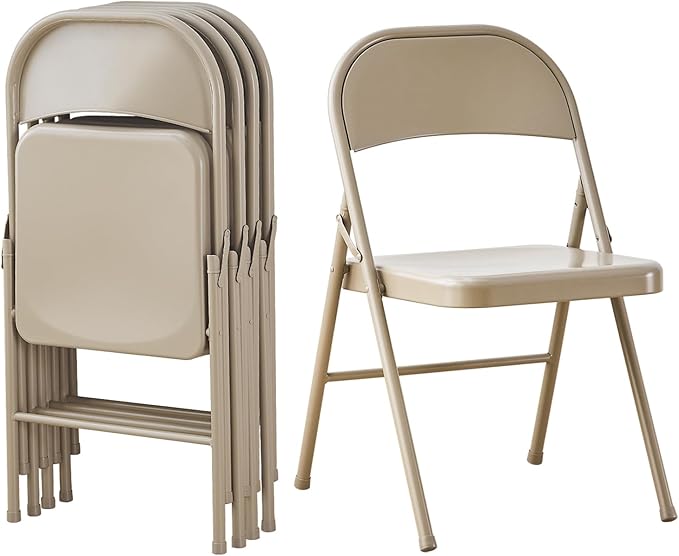 KAIHAOWIN Metal Folding Chair- Set of 4 All Steel Foldable Chairs Space Saving &Heavy Duty for Meeting Office Wedding Party Events-Beige