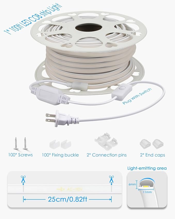 Blue COB LED Strip Lights Outdoor Waterproof 120V 65.6FT COB LED Rope Lights Indoor Super Bright Flexible LED Tape Lights with Switch Plug in 288Leds/M for Indoor Exquisite Wall Decor 20M