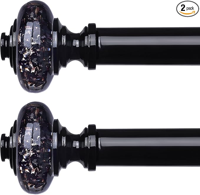 2 Pack Black Crystal Curtain Rods for Windows 30 to 56 Inch, Decorative Vintage 1'' Diameter Curtain Rod with Black Foil Finial, Adjustable Heavy Duty Easy Install Drapery Pole Set for Farmhouse